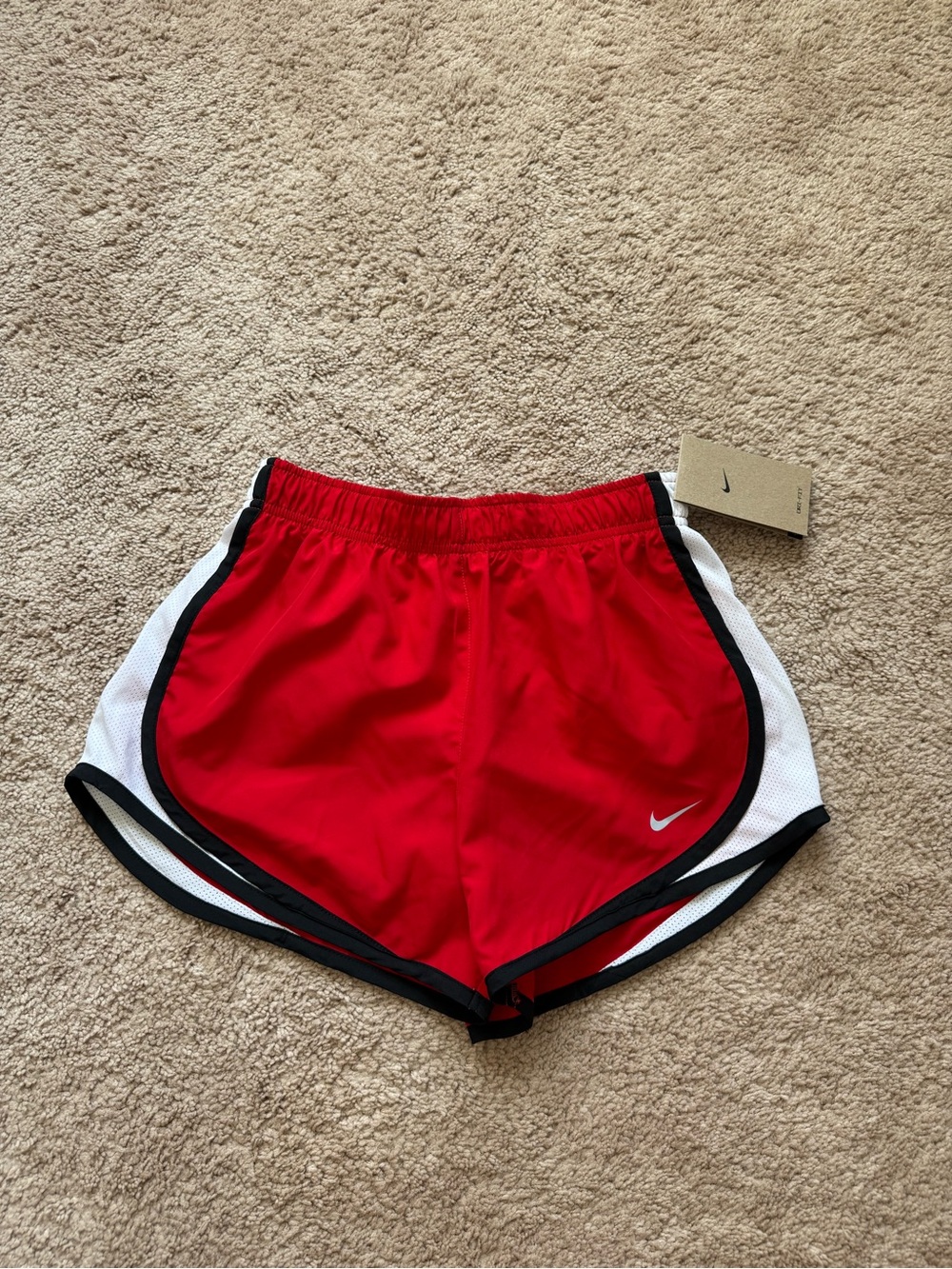 Nike Women’s Red Running Shorts with White Panels and Black Trim